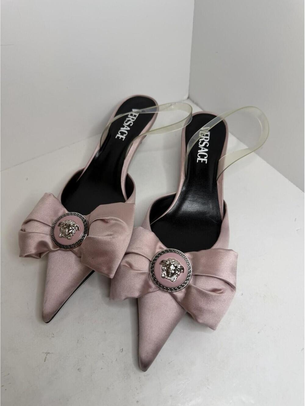 Versace Satin Bow Slingback Heels Pink Medusa Pointed Pumps EU 37 New
